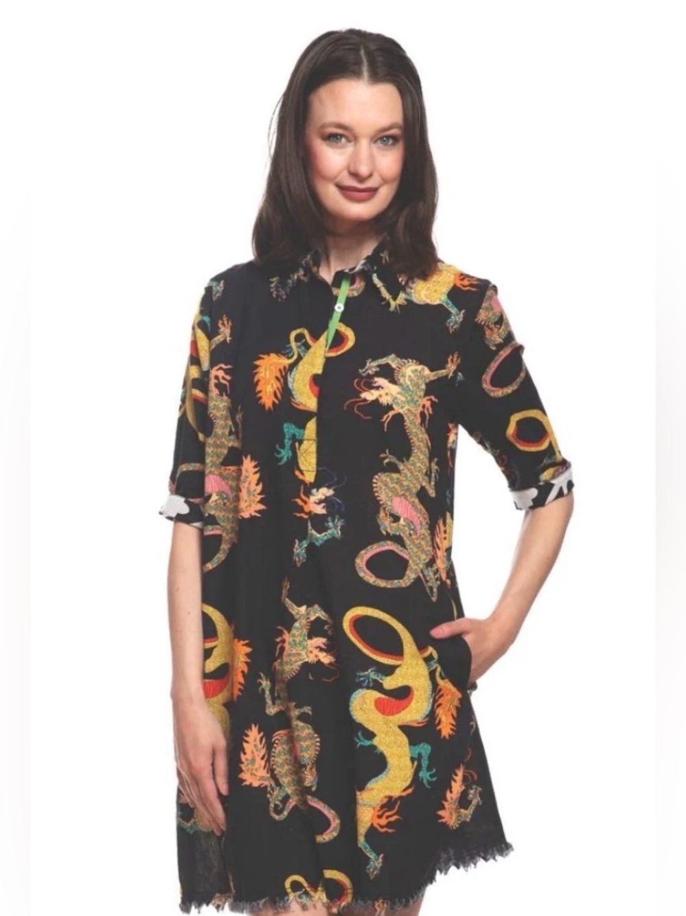 Dizzy Lizzie Montauk Dragon Print Cotton Linen Shirt Dress Black M